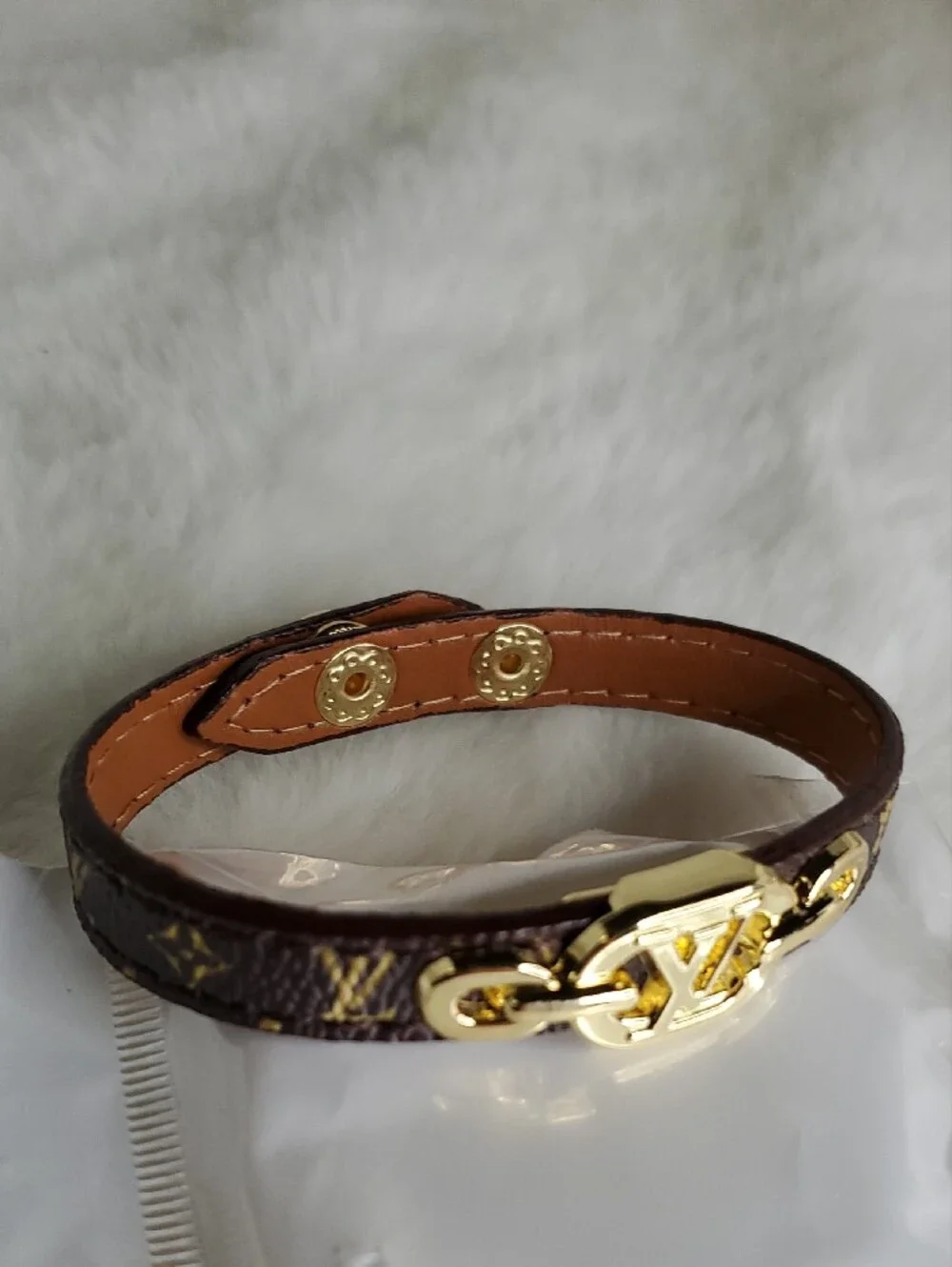 Lv  Brown Monogram Bracelet with Gold LV Emblem